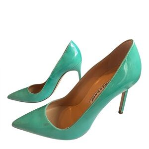 Manolo Blahnik Turquoise Patent Leather Pointed-Toe Pumps